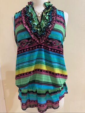 Ruffled V-Neck Striped Sleeveless Camisole in Multi-Color